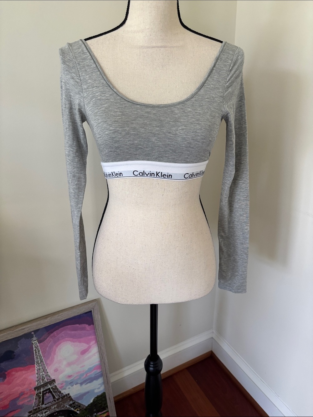 Calvin Klein Heather Gray Long-Sleeve Cropped Scoop Top